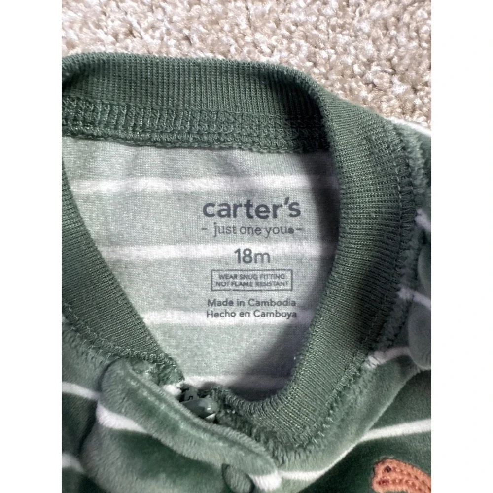 Carters Just One You Baby Boy Green Striped Dinosaur Velour Footed Sleeper 18M